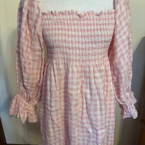 SLEEPER Of the Shoulder Midi Pink Gingham Dress - Pink/White - size Large